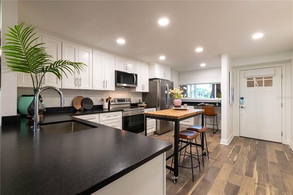 Interior, Kitchen, Recessed Lighting, Stainless Steel Appliances, Wood Texture Flooring
