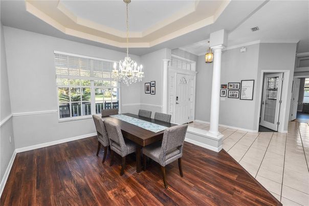 Chandelier, Dining room, Interior, Pendant Lights, Wood Texture Flooring