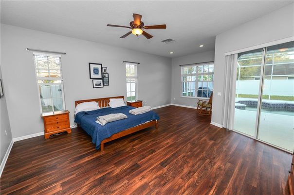 Bedroom, Interior, Recessed Lighting, Wood Texture Flooring
