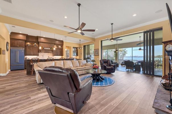 Interior, Kitchen, Living room, Pendant Lights, Recessed Lighting, Water, Wood Texture Flooring