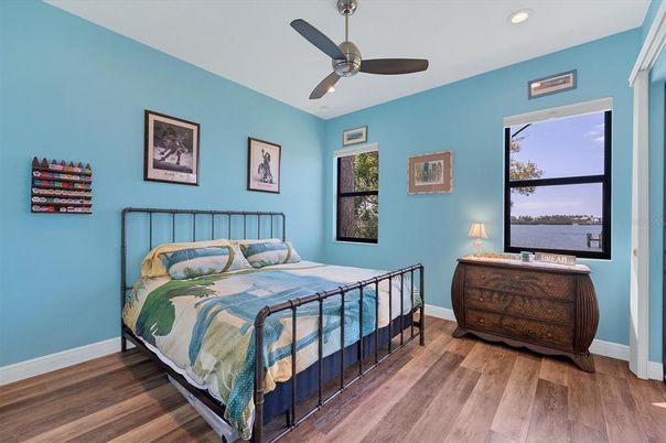 Bedroom, Interior, Recessed Lighting, Water, Wood Texture Flooring