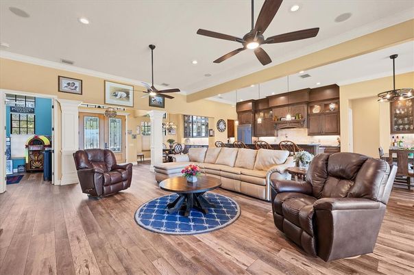 Dining room, Interior, Kitchen, Living room, Pendant Lights, Recessed Lighting, Wood Texture Flooring