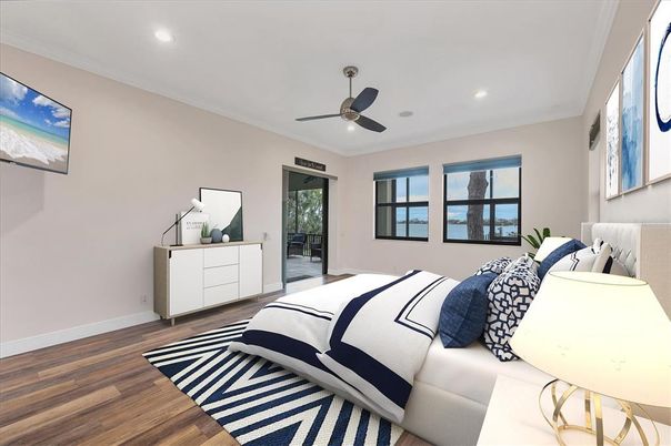 Bedroom, Interior, Recessed Lighting, Water, Wood Texture Flooring