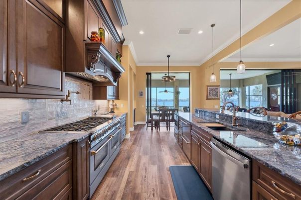 Dining room, Interior, Kitchen, Pendant Lights, Recessed Lighting, Water, Wood Texture Flooring