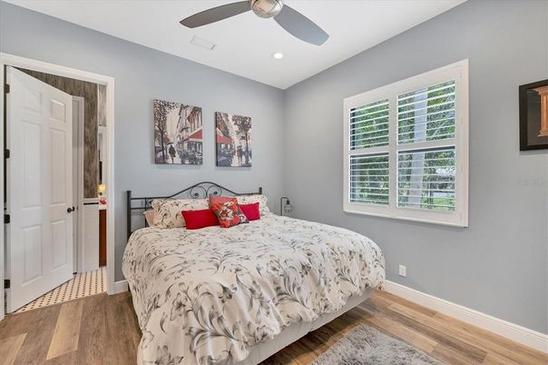 Bedroom, Interior, Recessed Lighting, Wood Texture Flooring