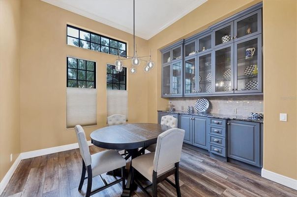 Dining room, Interior, Pendant Lights, Wood Texture Flooring