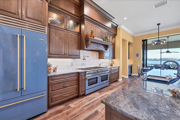 Interior, Kitchen, Pendant Lights, Recessed Lighting, Stainless Steel Appliances, Water, Wood Texture Flooring