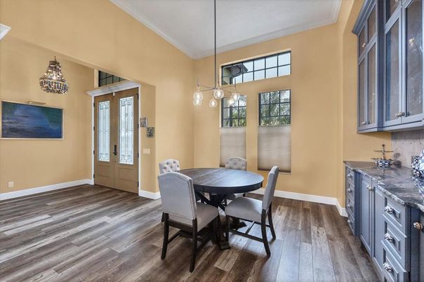 Dining room, Interior, Pendant Lights, Wood Texture Flooring