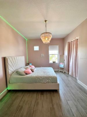 Bedroom, Chandelier, Interior, Wood Texture Flooring