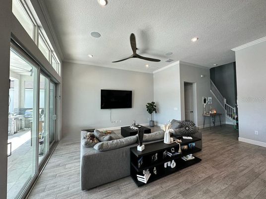 Fireplace, Interior, Living room, Recessed Lighting, Wood Texture Flooring
