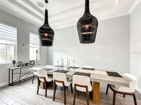 Chandelier, Dining room, Interior, Pendant Lights, Wood Texture Flooring