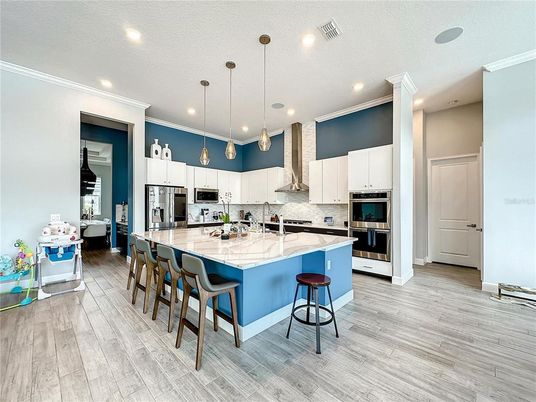Interior, Kitchen, Pendant Lights, Recessed Lighting, Stainless Steel Appliances, Wood Texture Flooring