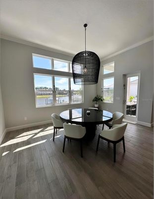 Dining room, Interior, Pendant Lights, Wood Texture Flooring