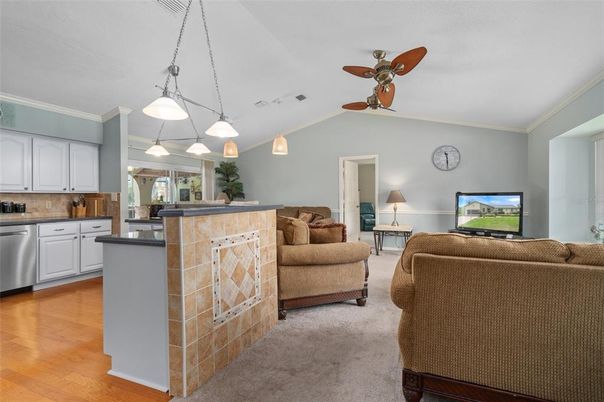 Interior, Kitchen, Living room, Pendant Lights, Wood Texture Flooring
