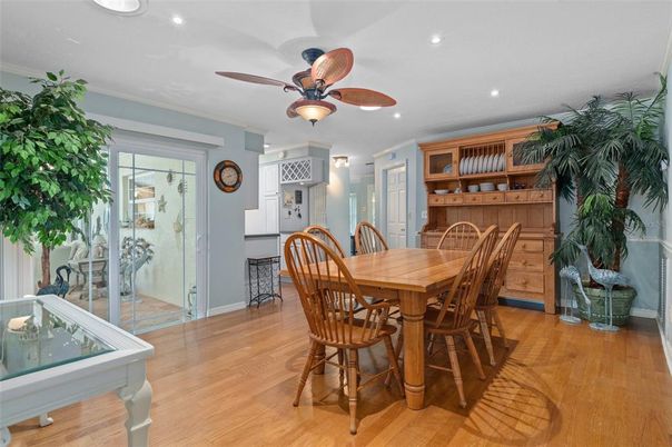 Dining room, Interior, Recessed Lighting, Wood Texture Flooring