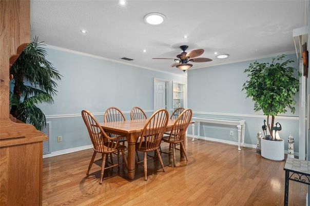 Dining room, Interior, Recessed Lighting, Wood Texture Flooring