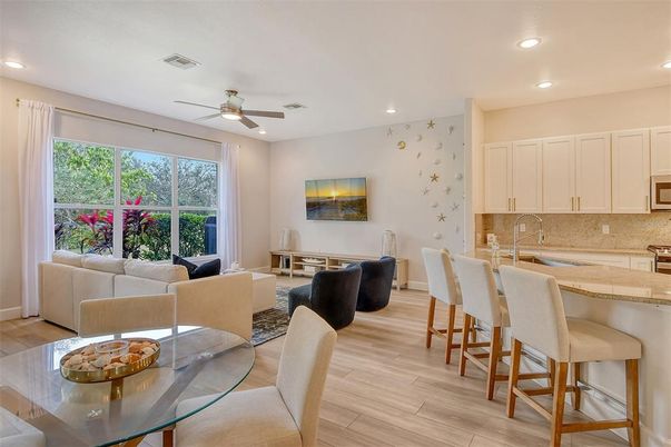 Dining room, Interior, Kitchen, Living room, Recessed Lighting, Wood Texture Flooring