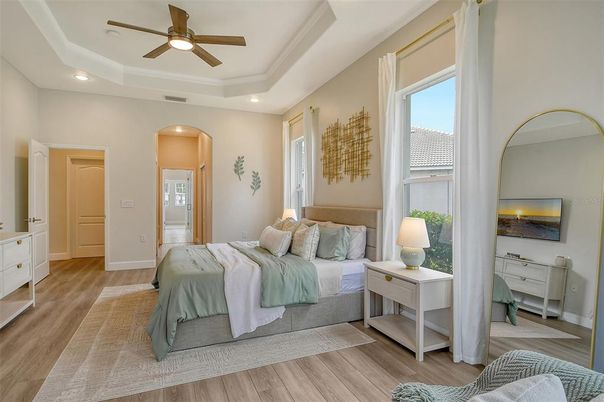 Bedroom, Interior, Recessed Lighting, Wood Texture Flooring