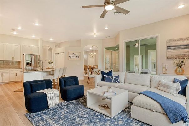Dining room, Interior, Kitchen, Living room, Recessed Lighting, Stainless Steel Appliances, Wood Texture Flooring