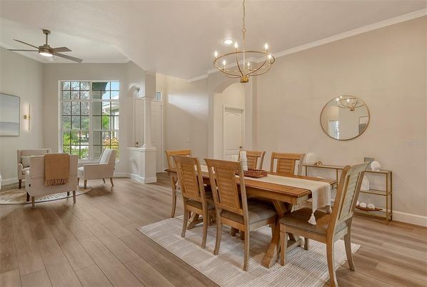 Chandelier, Dining room, Interior, Pendant Lights, Wood Texture Flooring
