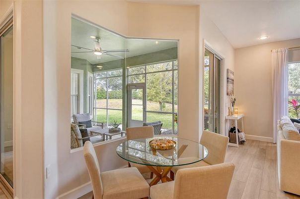 Dining room, Interior, Recessed Lighting, Wood Texture Flooring
