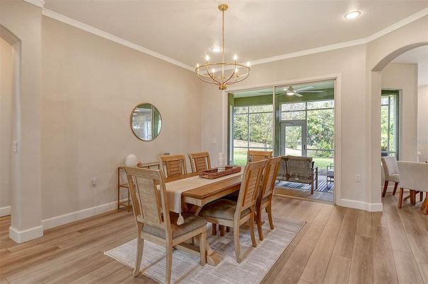Chandelier, Dining room, Interior, Recessed Lighting, Wood Texture Flooring