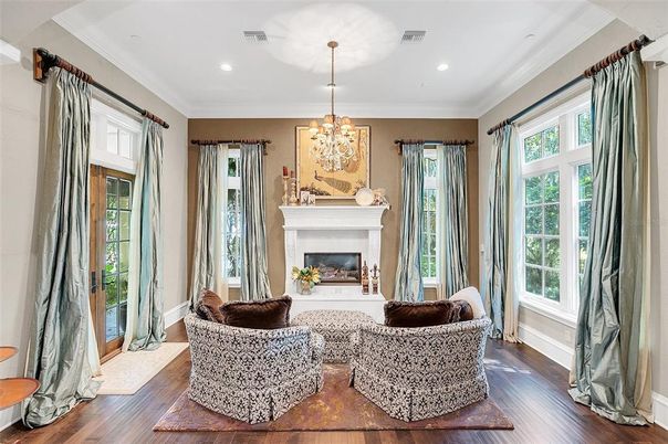 Chandelier, Fireplace, Interior, Living room, Recessed Lighting, Wood Texture Flooring