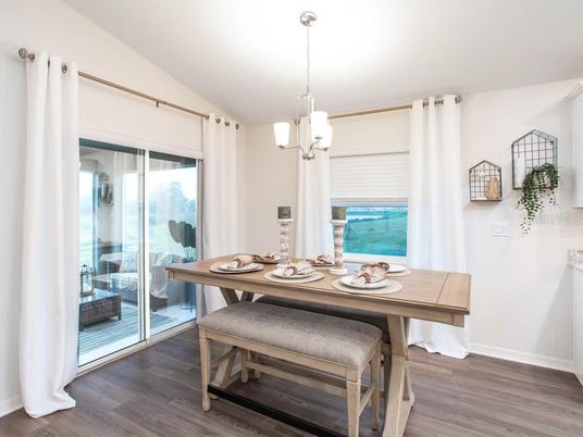 Dining room, Interior, Pendant Lights, Wood Texture Flooring