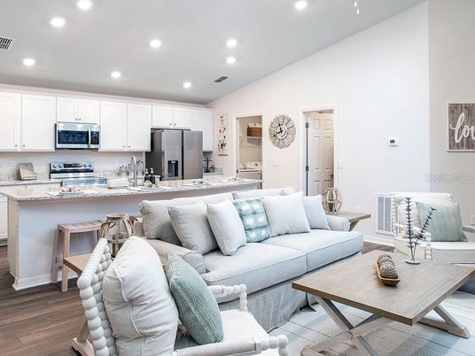Interior, Kitchen, Living room, Recessed Lighting, Stainless Steel Appliances, Wood Texture Flooring