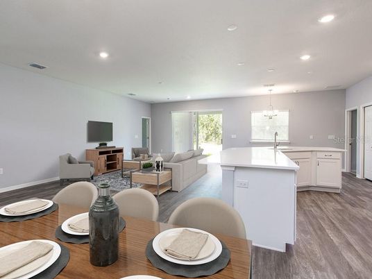Chandelier, Dining room, Interior, Kitchen, Living room, Recessed Lighting, Wood Texture Flooring