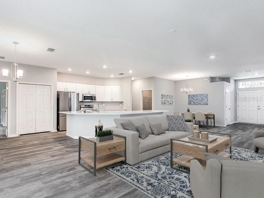 Dining room, Interior, Kitchen, Living room, Pendant Lights, Recessed Lighting, Stainless Steel Appliances, Wood Texture Flooring