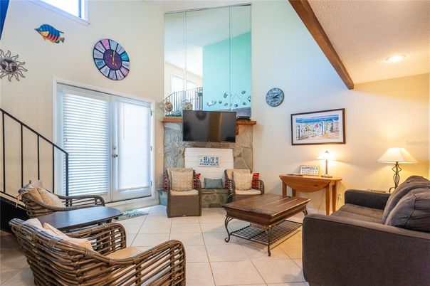 Fireplace, Interior, Living room, Recessed Lighting, Wooden Beams
