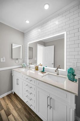 Bathroom, Dual Sink Vanities, Interior, Recessed Lighting, Wood Texture Flooring
