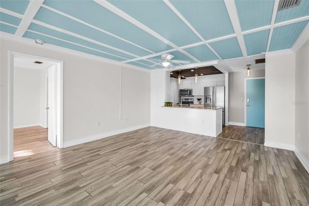Empty room, Interior, Kitchen, Stainless Steel Appliances, Wood Texture Flooring