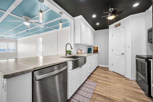 Interior, Kitchen, Recessed Lighting, Wood Texture Flooring