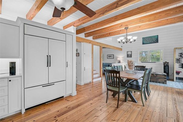 Chandelier, Dining room, Interior, Wooden Beams, Wood Texture Flooring