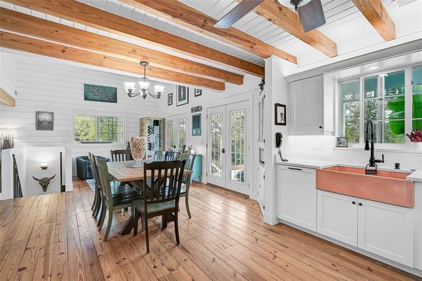 Chandelier, Dining room, Interior, Kitchen, Wooden Beams, Wood Texture Flooring