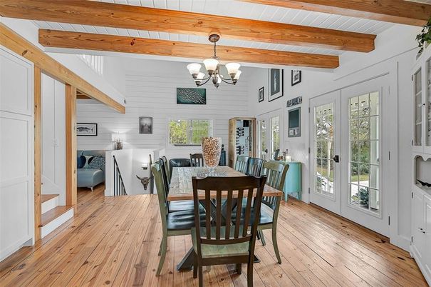 Chandelier, Dining room, Interior, Wooden Beams, Wood Texture Flooring