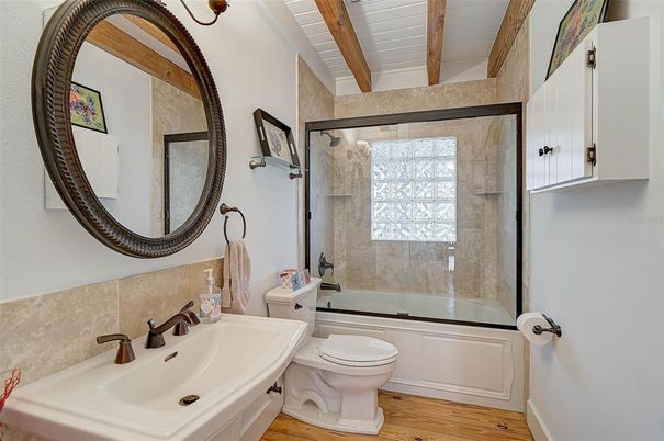 Bathroom, Glass Shower, Interior, Wooden Beams, Wooden Ceilings, Wood Texture Flooring
