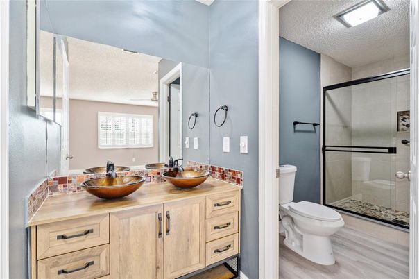 Bathroom, Glass Shower, Interior, Wood Texture Flooring