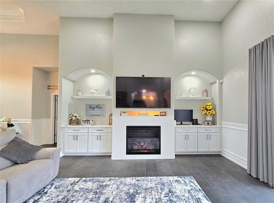 Fireplace, Interior, Living room, Recessed Lighting, Wood Texture Flooring