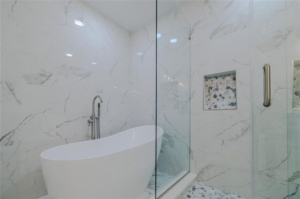 Bathroom, Free Standing Baths, Glass Shower, Interior, Marble Walls, Recessed Lighting