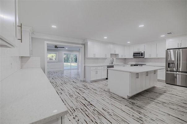 Interior, Kitchen, Recessed Lighting, Stainless Steel Appliances, Wood Texture Flooring
