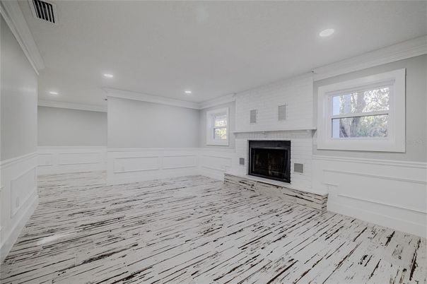 Empty room, Fireplace, Interior, Recessed Lighting, Wood Texture Flooring