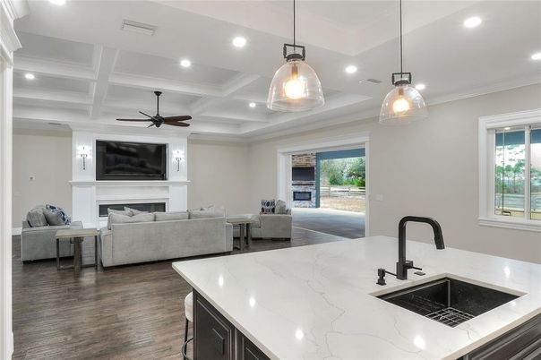 Fireplace, Interior, Kitchen, Living room, Pendant Lights, Recessed Lighting, Wood Texture Flooring