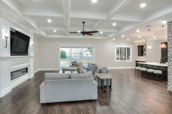 Fireplace, Interior, Living room, Pendant Lights, Recessed Lighting, Wood Texture Flooring