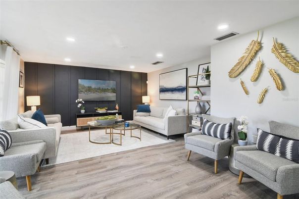 Interior, Living room, Recessed Lighting, Wood Texture Flooring