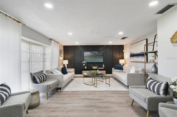 Interior, Living room, Recessed Lighting, Wood Texture Flooring