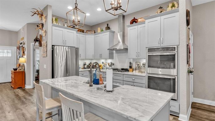 Interior, Kitchen, Pendant Lights, Recessed Lighting, Stainless Steel Appliances, Wood Texture Flooring