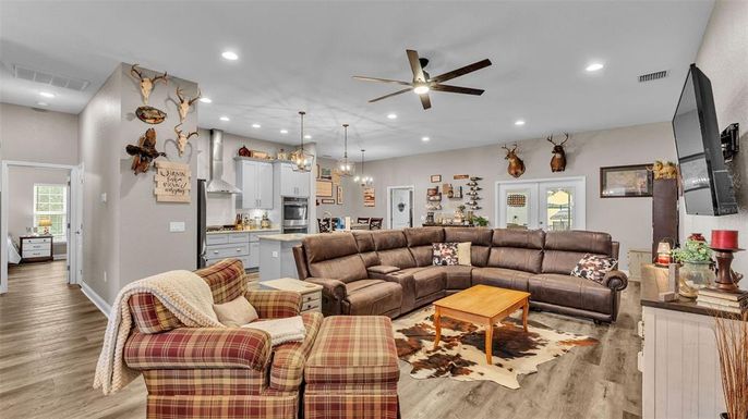 Interior, Kitchen, Living room, Pendant Lights, Recessed Lighting, Stainless Steel Appliances, Wood Texture Flooring